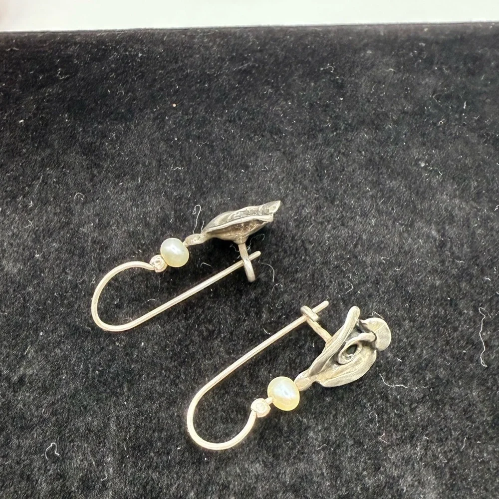 Vintage Paz Sterling 925 White Pearl Rose Drop Earrings Made in Israel